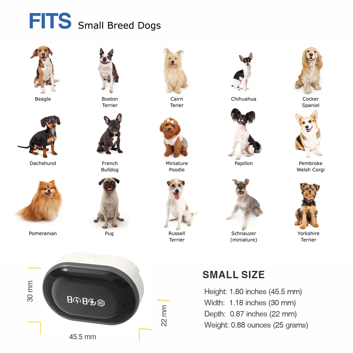 DB700A bark collar compact size 45.5 x 30 x 22 mm and 25 g weight for small breeds