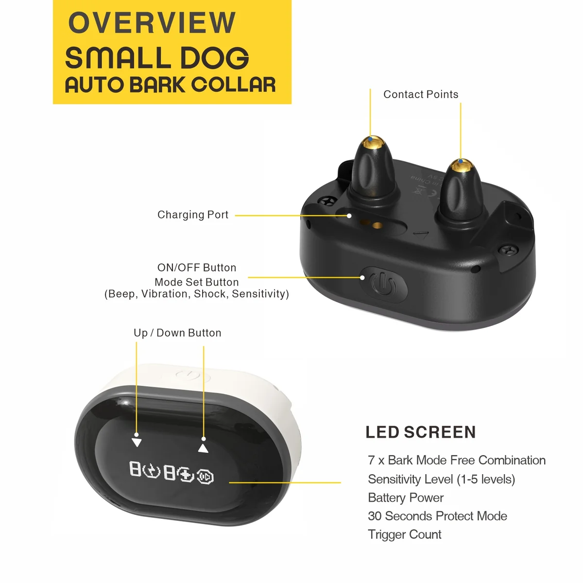 DB700A auto bark collar LED screen showing mode, sensitivity, battery and trigger count