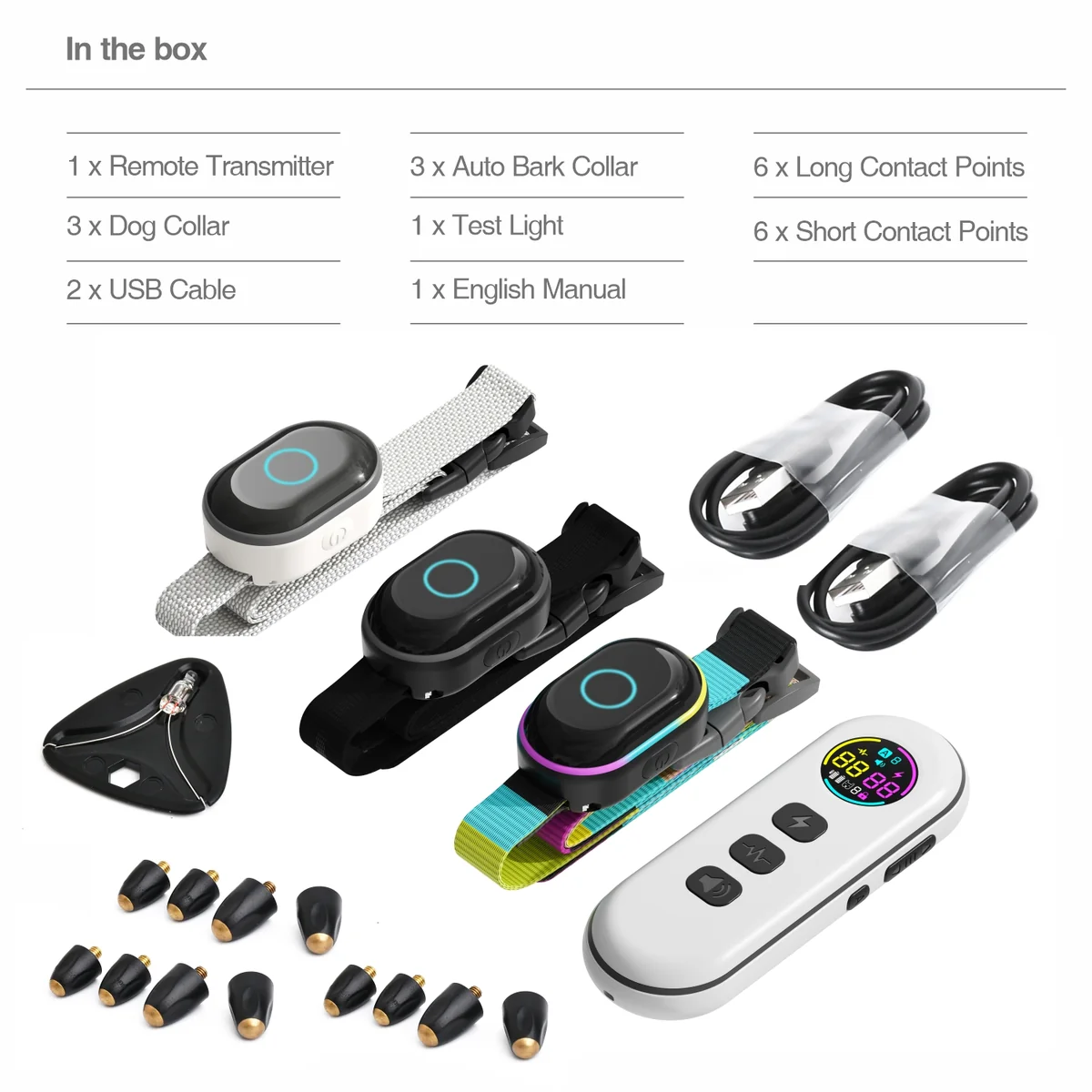 DB900S dog training collar 3-dog package contents with one remote transmitter, three receiver collars, USB cables, test light and contact points
