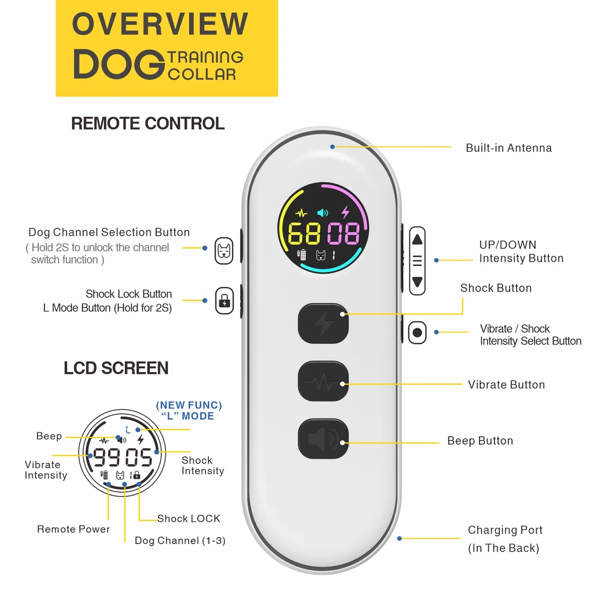 DB900S remote transmitter showing color LCD screen and control buttons