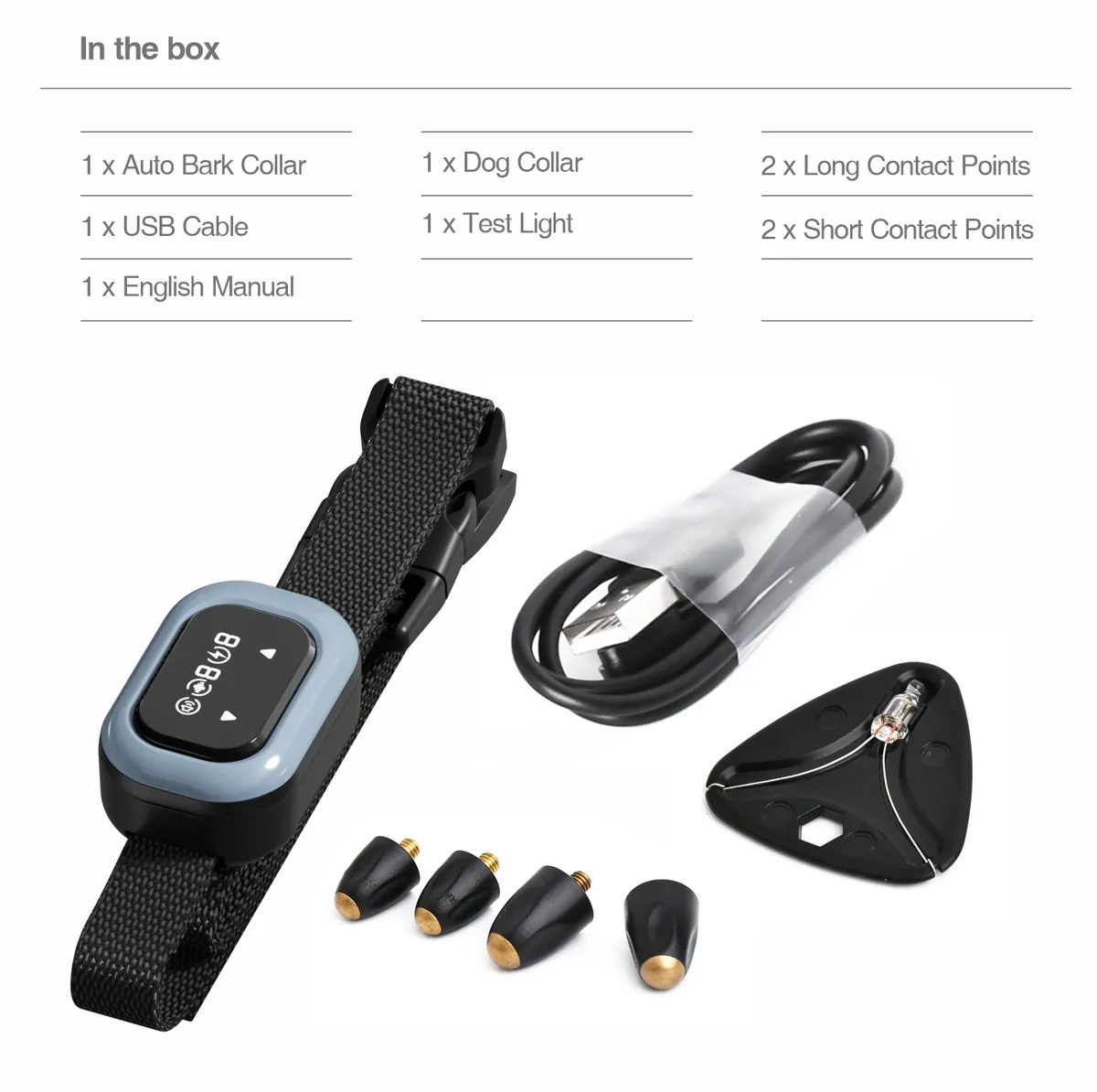 DB300A auto bark collar package contents - StarNavi OEM private label bark control collar