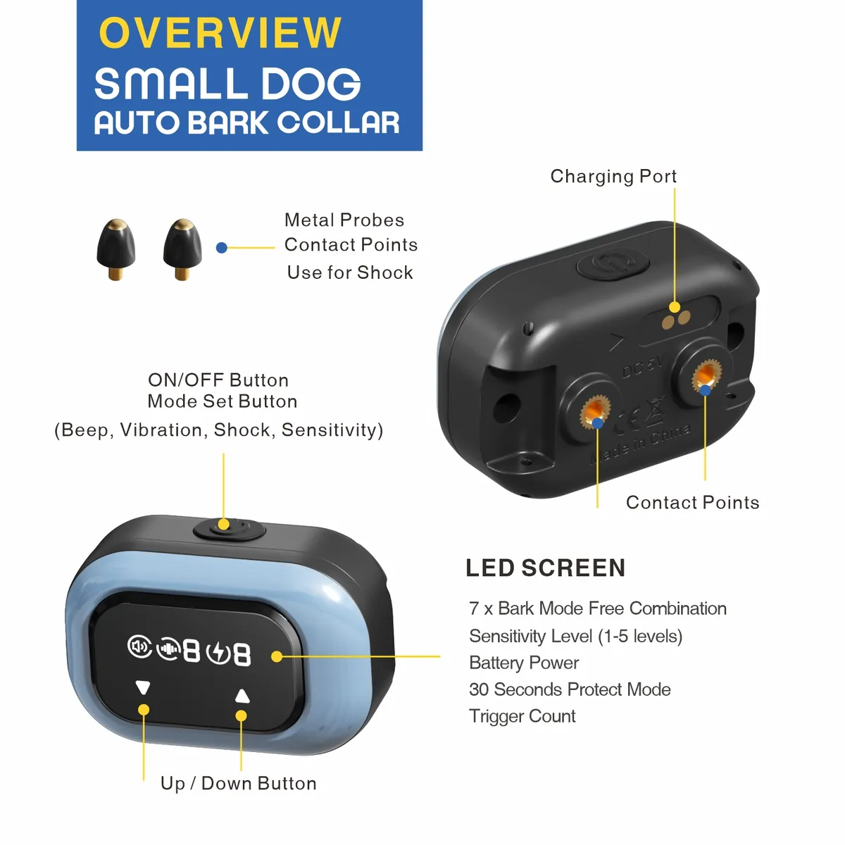 DB300A bark collar LED screen showing mode, sensitivity, battery and trigger count - StarNavi OEM